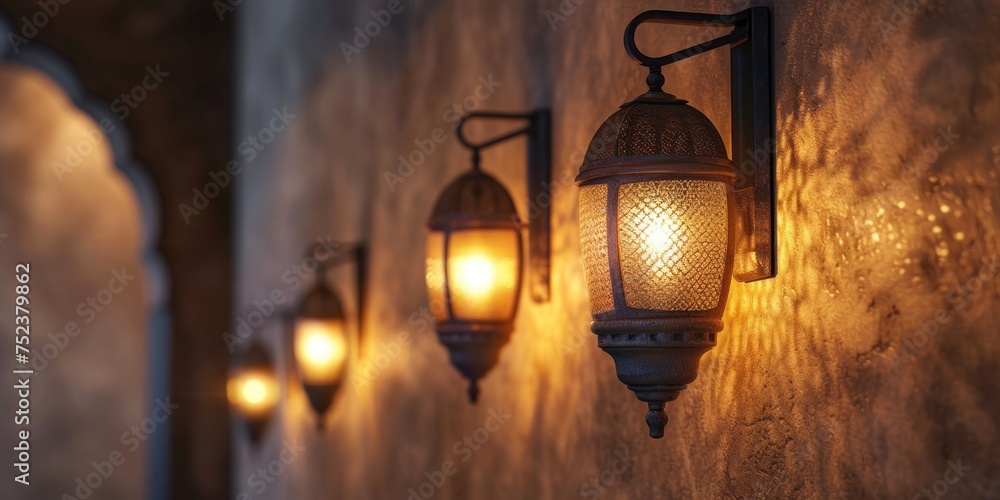 Warm glowing lanterns on a wall, perfect for Ramadan and Eid al-Fitr celebration banners or cultural event invitations. Warm glowing lanterns on a wall, perfect for Ramadan and Eid al-Fitr celebration banners or cultural event invitations.
