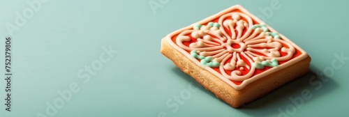 An ornately designed Eid cookie with red and turquoise icing, presented on a light turquoise surface, suitable for a recipe website feature or a creative arts and crafts guide for Eid al-Fitr. photo