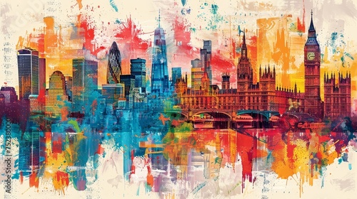 This vibrant artwork depicts London's iconic skyline with a dynamic and expressive mix of colors and brush strokes.