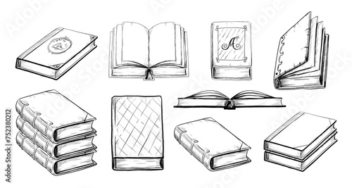 Hand drawn books. Open and closed notebooks. Library or bookstore sketch elements different side view, education and knowledge symbol, encyclopedia stack, reading book, vector illustration