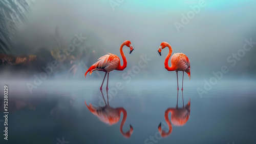 Two flamingos in pond