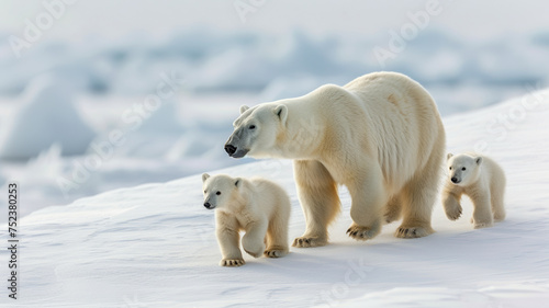 Polar bear with cubs on snow