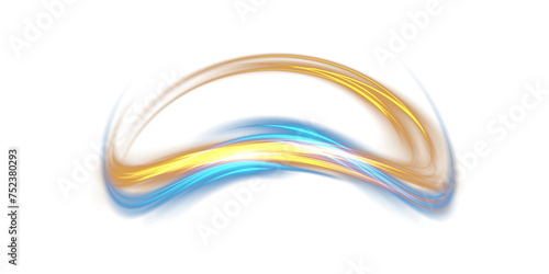 Blue and yellow glowing shiny lines effect. Luminous blue and yellow lines of speed. Light glowing effect. Light trail wave, fire path trace line and incandescence curve twirl.