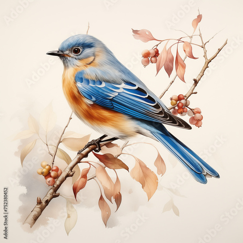 Blue bird watercolor painting,sitting on tree branch