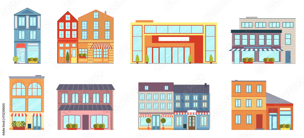 City buildings. House, business office icons, modern color cafe apartments and condominium. Shop and apartment. Street panorama. Geometric minimal isolated elements, vector cartoon flat set