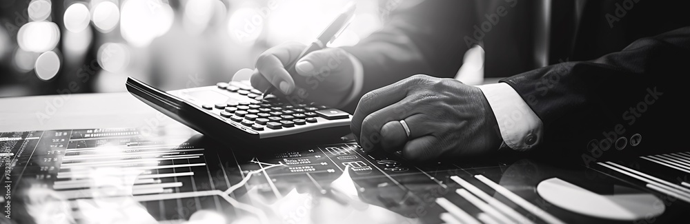 Black and white image showcasing a professional in suit working with a calculator on financial charts Focus on hands and tools