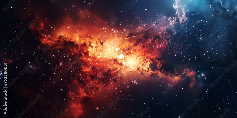 Nebula's Fiery Embrace.
A vibrant interstellar cloud cradles a fiery nebula in the vast cosmic arena.
