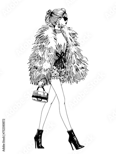 vector fashion model illustration fashion girl runway sketch ink pen drawing with top model wearing trendy designer clothes, fashion show catwalk pencil drawing with elegant faux fur coat, sunglasses