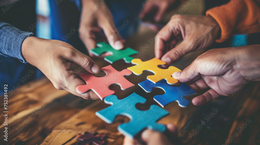 Teamwork and partnership, Group of business people join jigsaw puzzle pieces together. Teamwork and partnership, Group of business people join jigsaw puzzle pieces together.