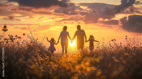 Happy family walk and play fun in park nature at sunset together.