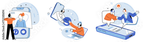 Support service. Vector illustration. The support team is always ready to provide aid and help Technology plays vital role in delivering efficient support services The support service metaphor