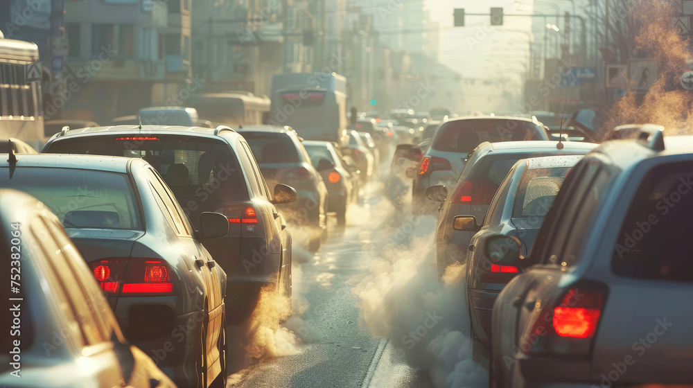 Many cars are stuck in a traffic jam in a big city, polluting the air with exhaust gases. Environmental problems and the greenhouse effect - obrazy, fototapety, plakaty 