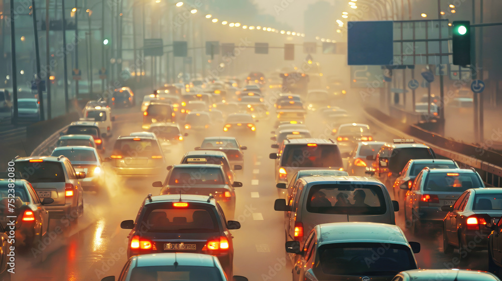 Many cars are stuck in a traffic jam in a big city, polluting the air with exhaust gases. Environmental problems and the greenhouse effect