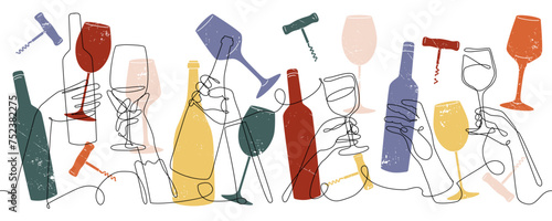 Wine bottle. Glass bar poster or food menu cover, event or wall party drink one line drawing elements, restaurant cocktail invitation. Hand hold colorful wineglass. Vector design background