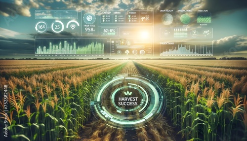 Harvest Success" on Farm Field with Agricultural Tech Overlay
