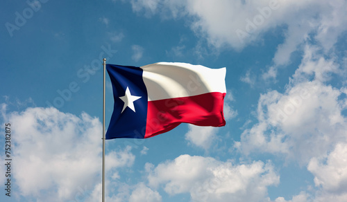 Flag Texas against cloudy sky. Country, nation, union, banner, government, Texian culture, politics. 3D illustration photo