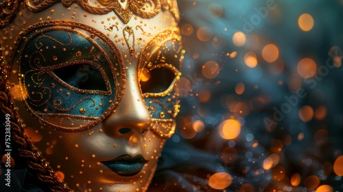 An abstract Venetian mask with bokeh lights and shining streamers for a masquerade party
