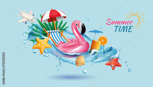 3D summer party. Beach vacation. Summertime holidays journey. Inflatable flamingo in water splash. Fun festive travel and sale. Lounger and orange cocktail. Ocean shell. Vector background