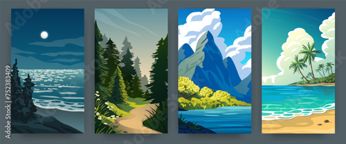 Nature landscape. Summer beach. Sea sunset. Ocean waves. Sky clouds. Mountain valley. Wild forest. Pine trees. Sand seashore with palms. Night moon. Day scenery. Vector posters set