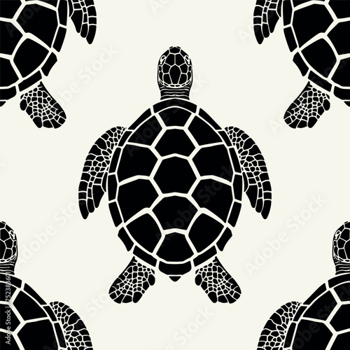 Vector seamless pattern. Monochrome surface design. Stylised graphic repeating texture. Underwater ocean life with sea turtles.