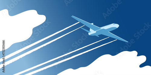 Plane flight. Aircraft fly. Airport line art. Blue sky clouds. Speed jet with passengers. Aviation charter transportation. Airplane trip. Cloudscape background. Vector illustration banner