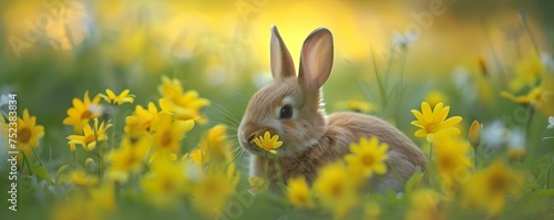 Adorable baby bunny grooming in a picturesque spring meadow Bavaria Germany. Concept Spring  Nature  Animals  Germany  Photography