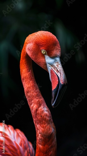a flamingo close-up portrait looking direct in camera with low-light, black backdrop. Red flamingo profile, dark background