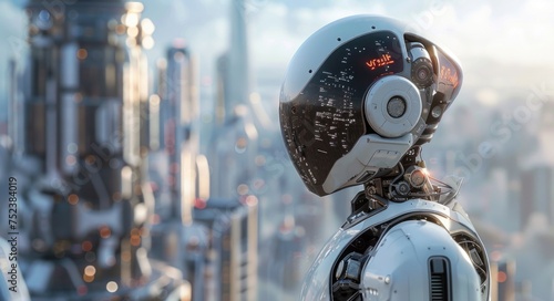 an android in a city, looking over, in the style of pensive poses, futurist, 8k resolution, robotic expressionism, photorealistic accuracy, selective focus, panoramic scale 