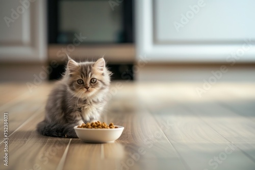 Close up cute cat eating from a bowl against blurred kitchen background, looking at camera with copyspace for text