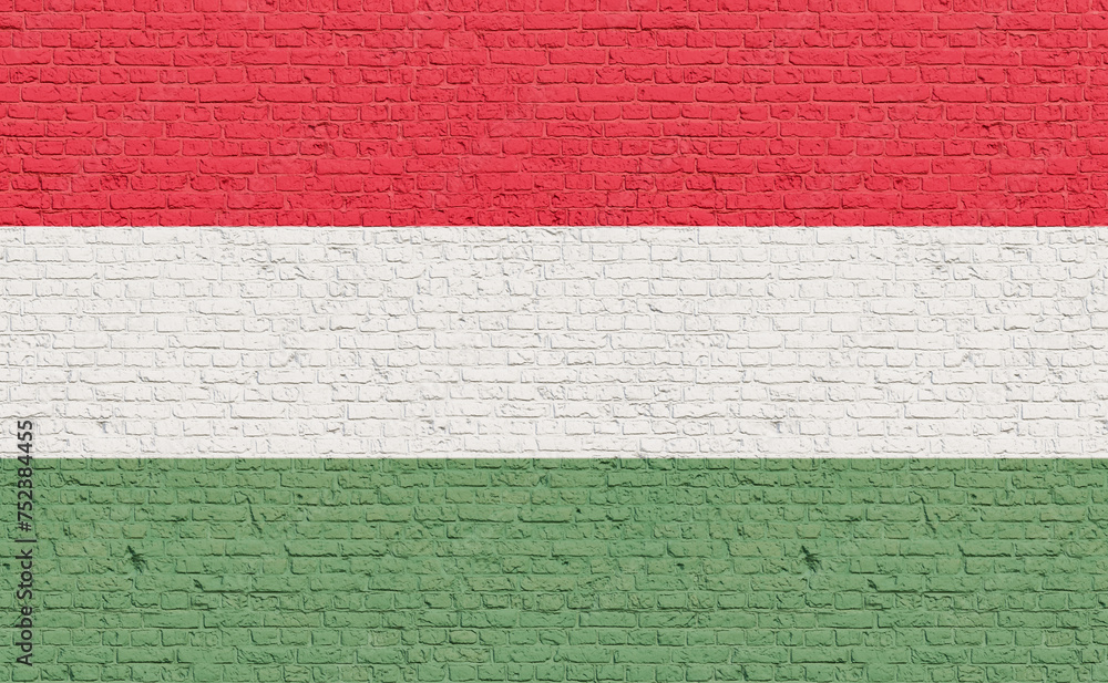 Hungary flag colors painted on a brick wall. National colors, country, banner, government, Hungarian culture, politics. Hungary flag colors painted on a brick wall. National colors, country, banner, government, Hungarian culture, politics.