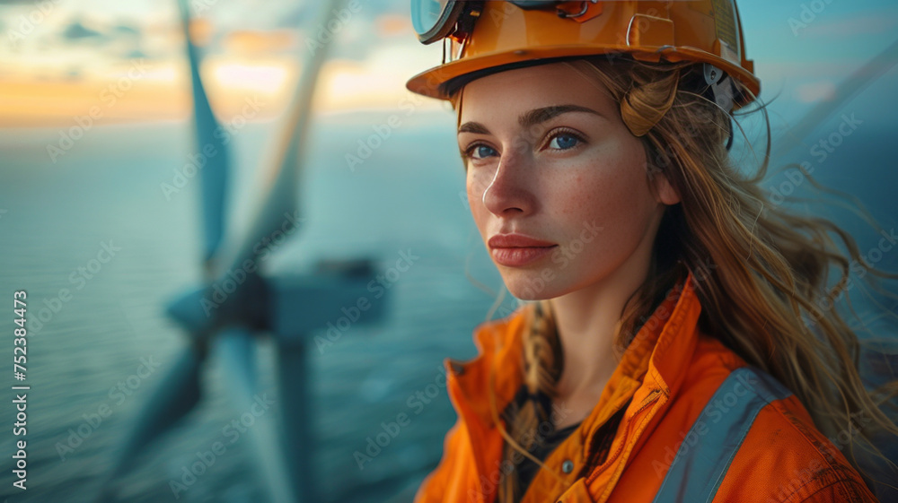 Female engineer standing on top of a wind turbine,generative ai Female engineer standing on top of a wind turbine,generative ai