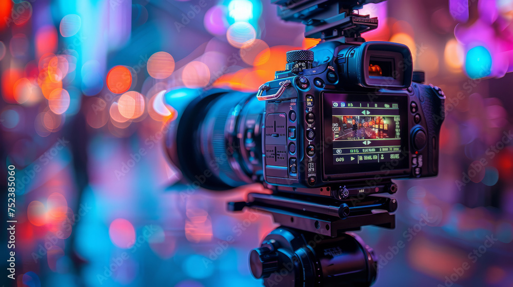 Close up of video camera with screen, blurred studio background with lights in the background,generative ai