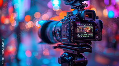 Obraz na płótnie Close up of video camera with screen, blurred studio background with lights in the background,generative ai w salonie