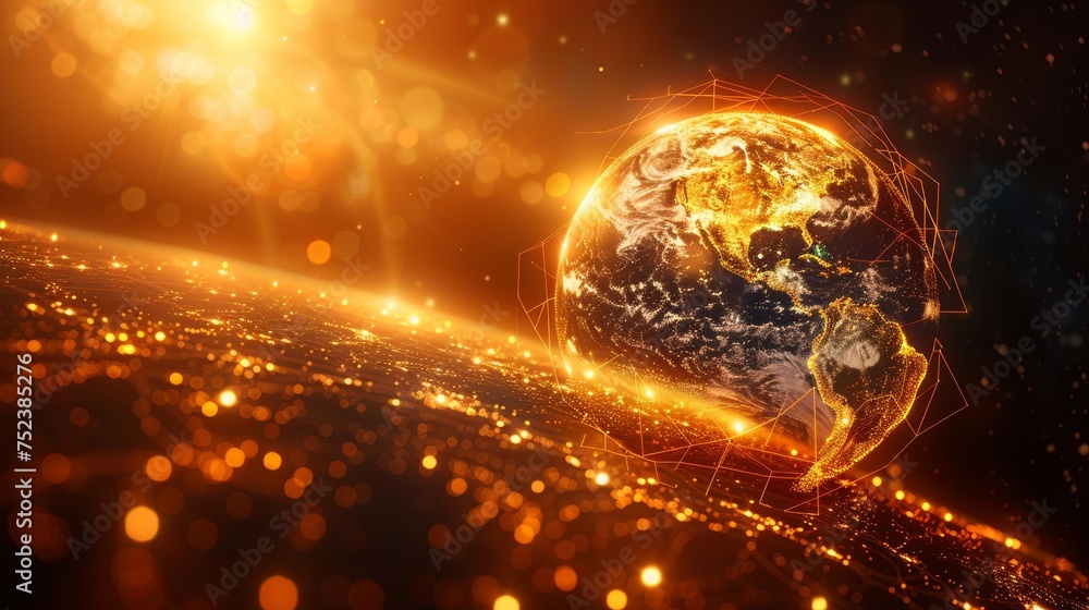 Polystyle World map with golden planet earth depicted in space. Low polystyle ...