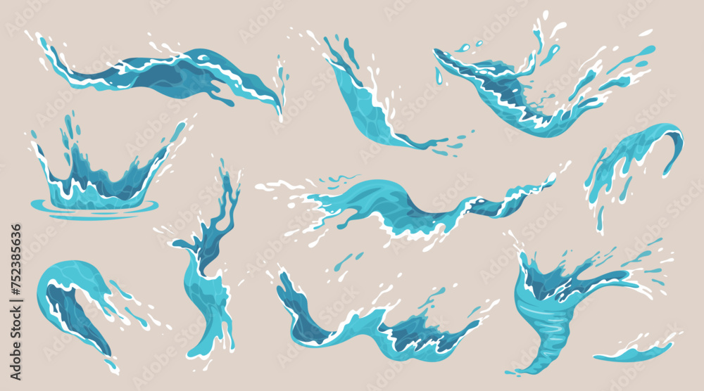 Water splash. Ocean wave, sea drop with circle liquid effect of swirl or spray, 2d flow, drink spill or droplet. Clean fresh aqua in motion. Splashing flowing particles. Vector cartoon icons