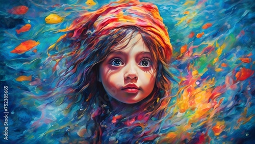 Obraz na płótnie Acrylic Painting of Cute Girl Kid in Surreal Ocean art background_ ai art illustration