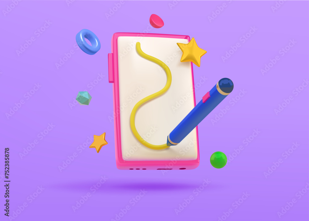 Fototapeta premium Digital education. 3D phone render. Clean note book. Graphic UI mobile notebook or cellphone app. Study to drawing. Knowledge learning. Painter school. Tablet screen. Vector mobile icon