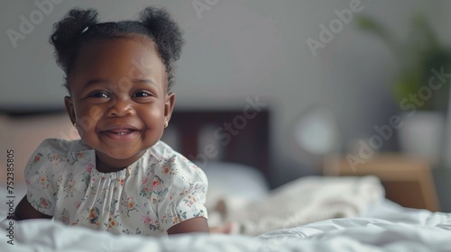 Little Black Baby Girl Smiling At Camera In Bedroom At Home. Ad Banner With Cute Child Posing Indoor. Panorama With Copy Space For Your Text. photo