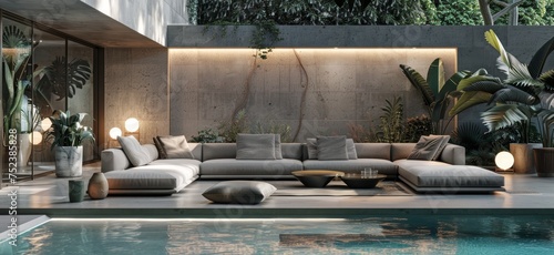 Modern Living space with a Minimalist Sofa Home Interior with Pool and Garden View