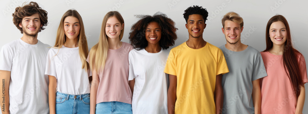 Obraz premium a website banner for a custom t-shirt company, white background, models with different t-shirt designs,generative ai