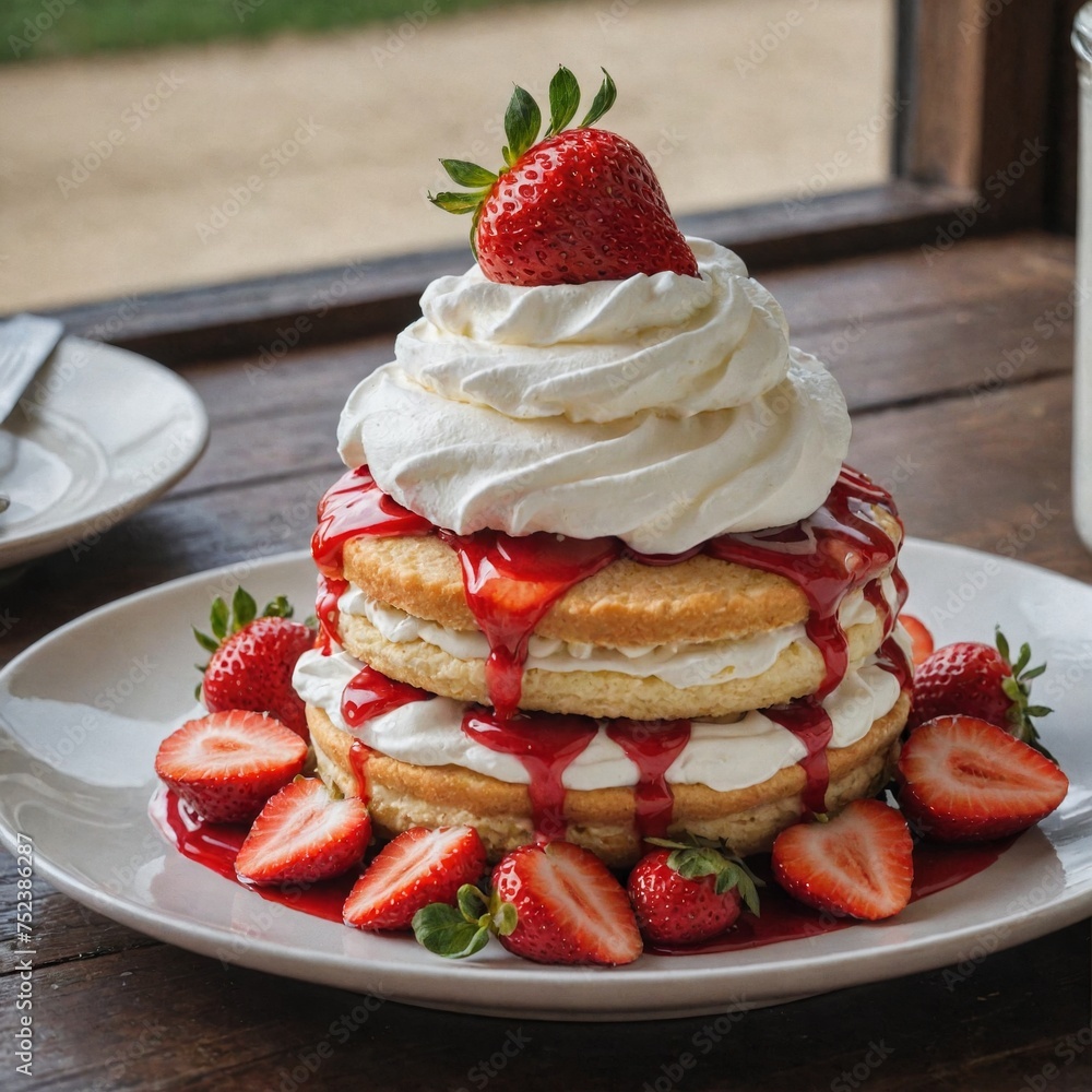 Photo of strawberry shortcake, close-up of restaurant menu dish Photo of strawberry shortcake, close-up of restaurant menu dish