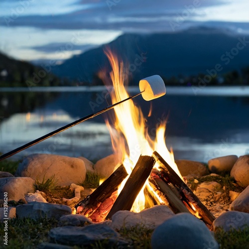 Roasting marshmallows by the fire at dusk while camping lakeside on a fun summer night