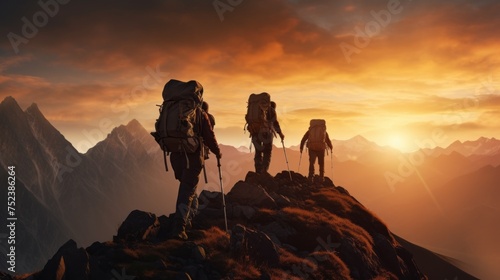 A group of climbers with backpacks climb to the top of the Mountain, Rocks at sunset. Mountaineering, Scenic Landscape, Extreme sports, Hiking, Travel, Active healthy lifestyle concept. © liliyabatyrova