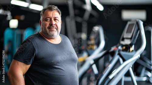 An overweight mature elderly middle aged man stands in the gym preparing to play sports, the concept of an active life in old age, taking care of the body