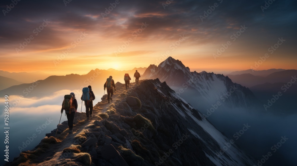 A group of climbers with backpacks climb to the top of the Mountain, Rocks at sunset. Mountaineering, Scenic Landscape, Extreme sports, Hiking, Travel, Active healthy lifestyle concept.