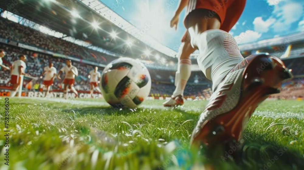 first-person view of the ball with a soccer player on a field in a stadium with an audience
