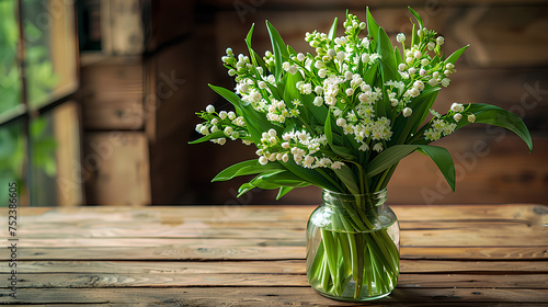 bouquet de muguet sauvage posé sur une table en bois 