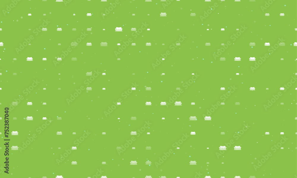 Seamless background pattern of evenly spaced white sofa symbols of different sizes and opacity. Vector illustration on light green background with stars