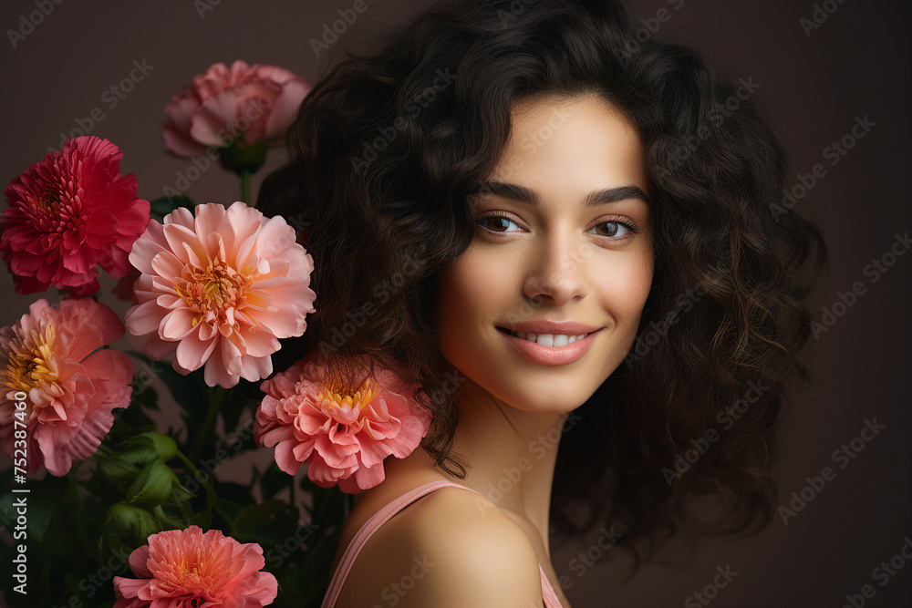 Naklejka premium Beautiful woman with natural beauty celebrating international women day Generative AI conceptual collage