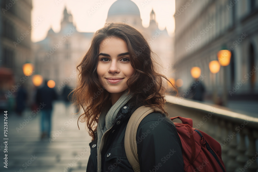 Fototapeta premium Generated with AI photo of woman in a stylish clothes against a city backdrop